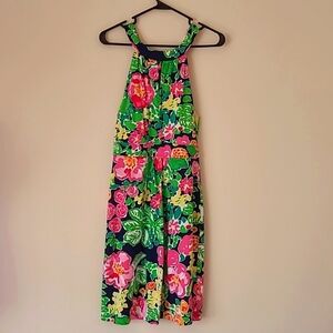 Lilly Pulitzer Women Dress Size XS Halter Bow Tie Neck Navy Pink Floral
